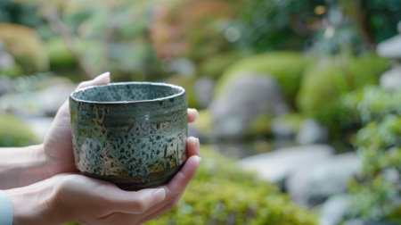 The close up picture of the person is holding the cup of the coffee by their own hand to relax inside the garden for relaxation also surrounded by the different kind of the trees and plants. AIG43.の素材