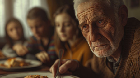 The close up picture of the family is eating the dinner together with enjoyment and happiness, the close up portrait of the grandfather eating the dinner with children and family by warm light. AIG43.の素材