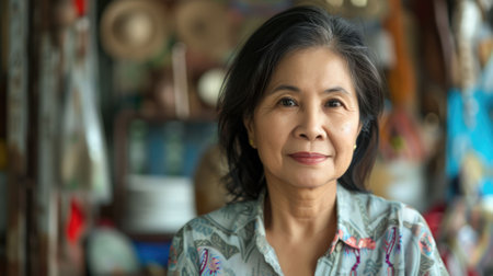 The picture of the southeast asia female working as entrepreneur in her own room with blur background, the entrepreneur require skill like creativity, leadership, management and communication. AIG43.の素材