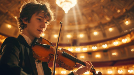 The close up picture of the caucasian professional violinist holding the violin and ready to perform the music melody inside the great orchestra hall that has been filled with the light bulb. AIG43.の素材