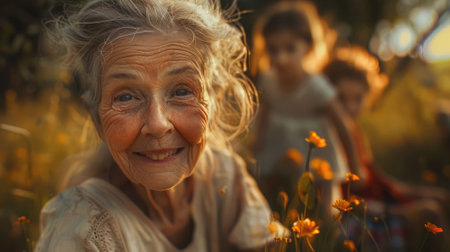 The close up picture of the grandmother living with the family in garden background, the picture of the family that has been filled with happiness, enjoyment and love also surrounded by nature. AIG43.の素材