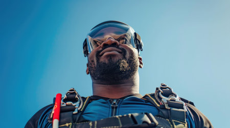 The picture of the professional skydiver wearing goggle doing skydiving in the sky under the bright light of the sun in the morning or noon and also wearing the parachute for safety landing. AIG43.の素材
