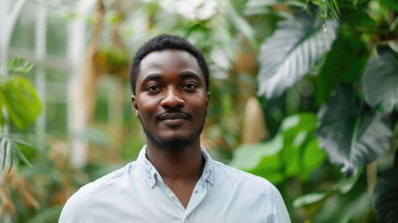 The picture of the african american male young entrepreneur is standing inside greenhouse, the entrepreneur require skill like creativity, leadership, financial management, sales and marketing. AIG43.の素材