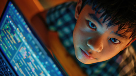 The picture of the southeast asian boy is working as the coding programmer inside room with blur background, the programmer require skill like coding, logical thinking, patience and debugging. AIG43.の素材