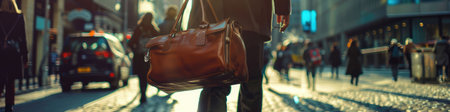The picture of the person is working as business person with bag and walking in street at the city, the businessman require skill like management, negotiation, marketing and the communication. AIG43.の素材