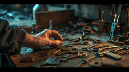 The picture of the locksmith working inside the workshop that has been filled with keys and work tools, the locksmith need the knowledge of the various type of lock and key to working this job. AIG43.の素材