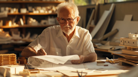 The picture of caucasian architect male working on the blueprint to planning a city, the city designer or architect require architecture knowledge, planning, communication and the management. AIG43.の素材