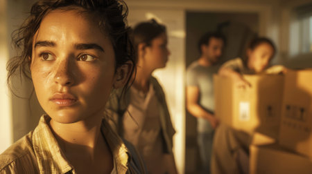 The picture of the family is moving out from the old place to the new home in the evening of day, moving out require planning to moving the stuff, packing important thing and hiring the movers. AIG43.の素材