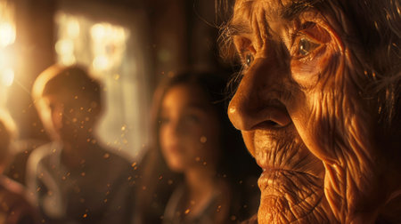 The close up side view picture of the grandparent looking and staring at something that represent waiting for someone or something yet surrounded by family of them under sunlight of evening. AIG43.の素材