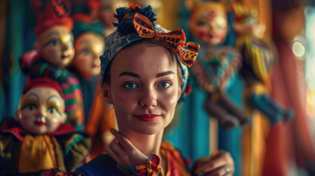 The picture of the puppeteer is selling marionette at the shop with colourful light background, the puppeteer require skill like audience engagement, creativity, puppetry expertise, experience. AIG43.の素材