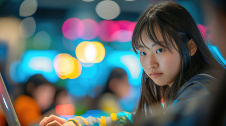 The picture of the east asian girl is working as the coding programmer inside the office and blur background, the programmer require skill like coding, logical thinking, patience and debugging. AIG43.の素材