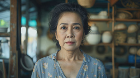 The picture of the southeast asia female working as entrepreneur in her own room with blur background, the entrepreneur require skill like creativity, leadership, management and communication. AIG43.の素材