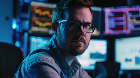 The picture of the cyber security is working inside the room filled with monitor, the cyber security is the job that require skills like technology knowledge, data management and experience. AIG43.の素材