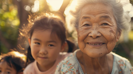 The close up picture of the grandmother living with the family in garden background, the picture of the family that has been filled with happiness, enjoyment and love also surrounded by nature. AIG43.の素材
