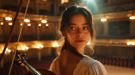 The close up picture of the caucasian professional violinist holding the violin and ready to perform the music melody inside the great orchestra hall that has been filled with the light bulb. AIG43.の素材