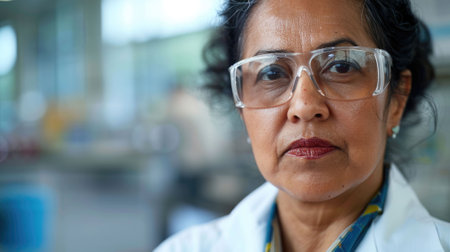 The picture of the senior south asian female pharmaceutical researcher in the laboratory and wearing lab coat and safety glasses, the researcher require the research technique and knowledge. AIG43.の素材