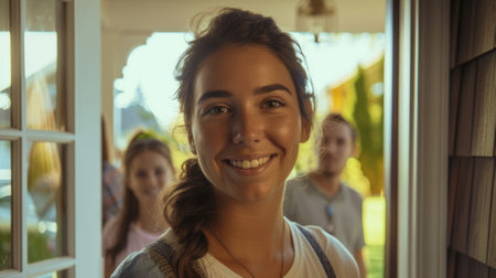 The picture of the family is greeting the other person at the front door with happiness and smile, the greeting is the friendly and polite gesture or words used to acknowledge someone presence. AIG43.の素材