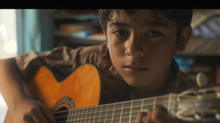 The close up picture of the hispanic male child playing or practicing guitar inside his own room, the guitar practice require music theory knowledge, regular practice and understanding rhythm. AIG43.の素材