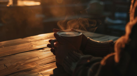 The close up picture of the person is holding the cup of the coffee by their own hand that has been rest on the table made from wood in the cozy warm feel inside the room for the relaxation. AIG43.の素材
