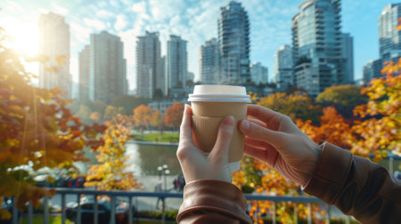 The close up picture of the person is holding the cup of the coffee by their own hand to relax inside the park for the relaxation also has been filled with trees and plants in the bright day. AIG43.の素材