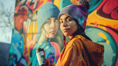 The picture of the colorful wall that has been painted or sprayed by the adult urban muralist, the muralist require skills like color theory, painting techniques, creativity and collaboration. AIG43.の素材