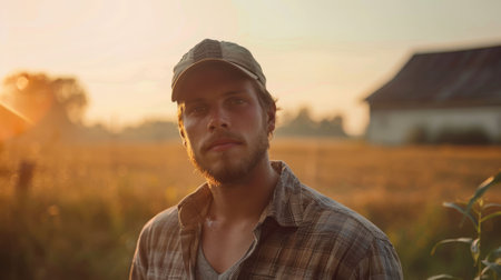 The picture of the farmer working in the crop field of the wheat under the sun at dawn or dusk time, the farmer skill require skills like the management, farming knowledge and physical stamina. AIG43.の素材
