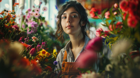 The picture of the florist working inside the workshop about the flower, the florist need to has the knowledge of the flower, flower trends, preservation, flower design skill and creativity. AIG43.の素材