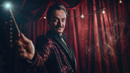 The picture of the smart magician doing the trick with the magic wand in the hand, the wizard is doing entertaining in the circus, the performer is performing the magic show for entertainment. AIG43.の素材