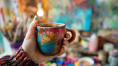 The close up picture of the artist is holding the cup of the coffee that has been decorated with colourful colour inside the colourful studio that surround by the art tools in blur background. AIG43.の素材