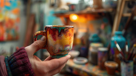 The close up picture of the artist is holding the cup of the coffee that has been decorated with colourful colour inside the colourful studio that surround by the art tools in blur background. AIG43.の素材