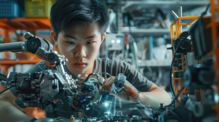 The picture of the east asian male teenager is working on the mechanical robot in his own workshop, the technician also require skill like technical knowledge, time management and experience. AIG43.の素材