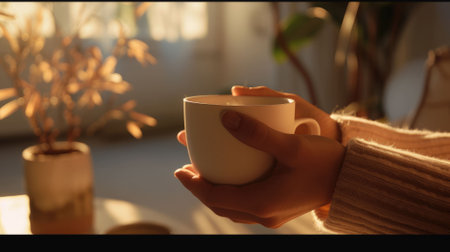 The close up picture of the person is holding the cup of the coffee by their own hand to relax inside the living room for the relaxation near the window that has been shine with the sunlight. AIG43.の素材