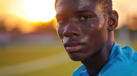 The close up picture of the african soccer or football player is exhausted after exercising or playing football, the football player require training, physical endurance and football technique. AIG43.の素材