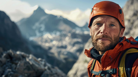 The picture of the mountaineer is walking on mountain hill that has been taken from the front, the mountain climber require skill physical endurance, training, climbing safety and experience. AIG43.の素材