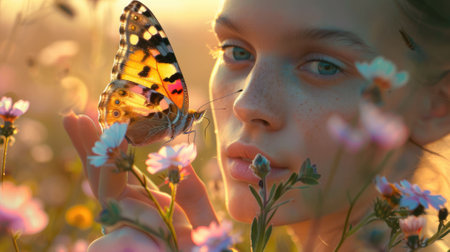 The close up picture of the person holding the butterfly on the finger that has been surrounded with the plant and the nature in the springtime of the year under the bright light from the sun. AIG43.の素材