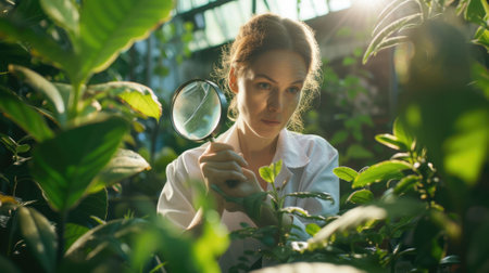 The picture of the botanist holding the magnifying glass inside the greenhouse has been surrounded with green tree and plant, the botanist require skill like plant identification and knowledge. AIG43.の素材