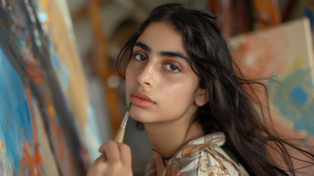 The close up picture of middle east artist drawing painting inside workshop that has been filled with colour, the artist require skill like creativity, colour theory, passion, art experience. AIG43.の素材