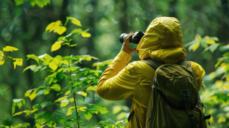 The picture of the bird watcher that has been searching for the birds with the binocular in the forest, the bird watcher require patience, knowledge of bird habits and the ethical awareness. AIG43.の素材