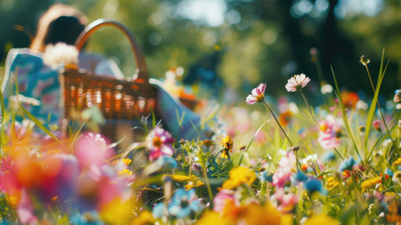 The picture of the person relaxing at the green grass field surrounded with the nature under the sunlight of the bright day of spring, the picnic is activity to relaxing,socializing and eating. AIG43.の素材