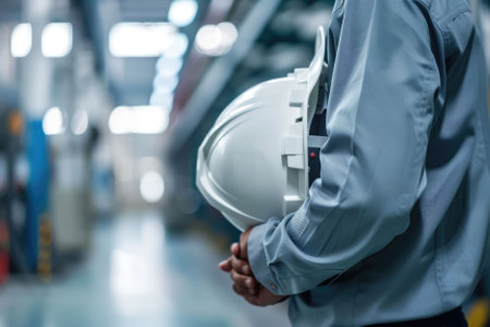 The close up picture view of the engineer with hardhat and standing inside a factory industry, the engineer also require skill like technical experience, management and the communication skill. AIG43.の素材