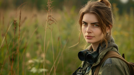 The close up picture of the caucasian or eastern european female is working as environment consultant with binocular, the environment consultant require skills environmental science knowledge. AIG43.の素材