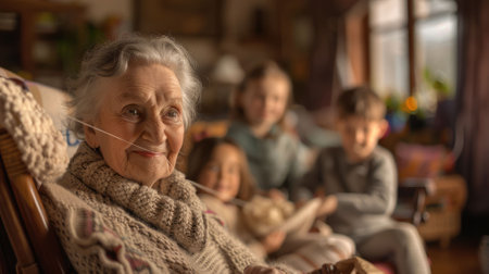 The picture of the grandmother sitting in the chair, knitting the cloth with the warm smile with children family, the knitting require skills like concentration, knitting skills and patience. AIG43.の素材