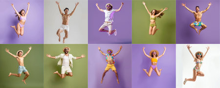 Summer people collection set, diverse people jumping on colorful background, many people funny jump wearing summer outfit fashion ready for swim and summer activity, summertime, beachwear AIG48の素材