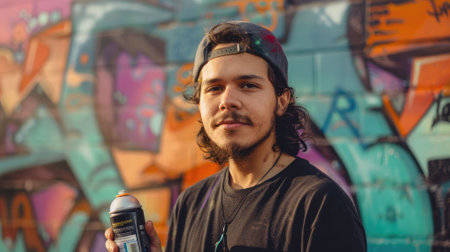 The picture of the colorful wall that has been painted or sprayed by the adult urban muralist, the muralist require skills like color theory, painting techniques, creativity and collaboration. AIG43.の素材