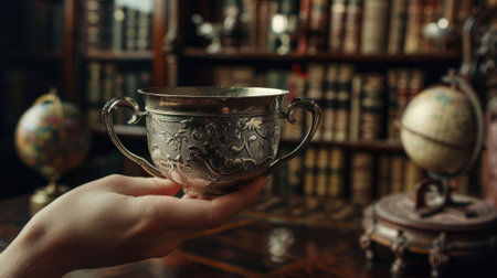 The close up picture of the person is holding the cup of the coffee by their own hand inside the library that has been filled with the multiple books with cozy environment and feel relaxation. AIG43.の素材