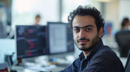 The close up picture of the middle eastern male software developer is working in the office while programming the program on the monitor, a software developer require knowledge and experience. AIG43.の素材