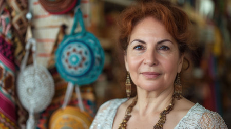 The close up picture of the middle eastern boutique shop owner looking at the camera at the market, boutique shop owner require skill like financial management, creative and customer service. AIG43.の素材