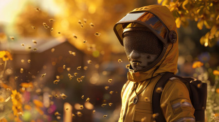 The picture of the beekeeper keeping the bee and managing beehive also working in rural area, the beekeeper require skills like hive management, pollination knowledge and the safety procedures. AIG43.の素材