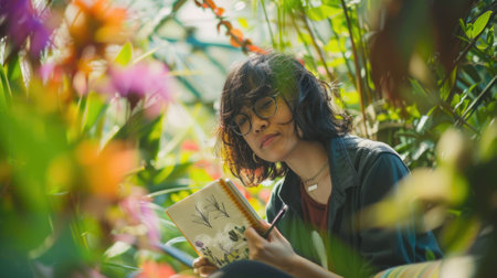 The picture of the botanist holding the book and pen inside the greenhouse has been surrounded with the green tree and plant, the botanist require skill like plant identification and knowledge. AIG43.の素材