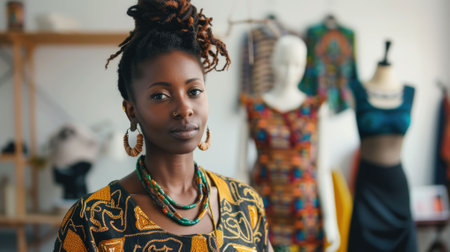 The picture of the african american female is working as fashion designer inside her own workshop, the fashion design also require skill like creativity, cultural awareness and time management. AIG43.の素材
